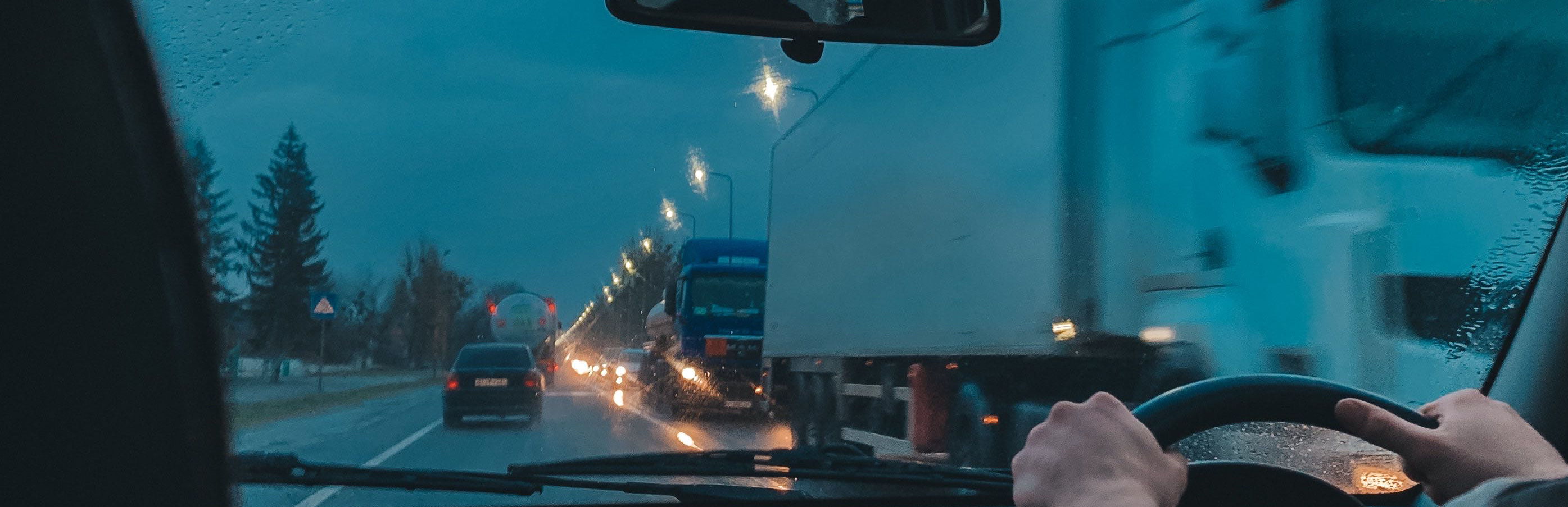 view out of front of transport window driving at night