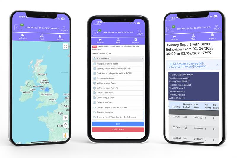 FORS Telematics by Motia app three screens open on mobile